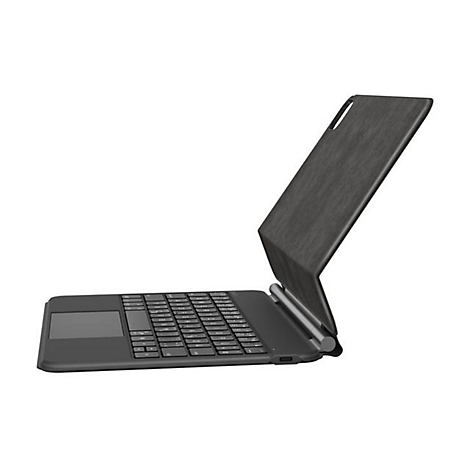 Clavier de tablette noir avec pavé tactile et porte-stylo, déplié sur fond blanc.