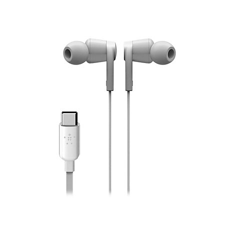 Écouteurs intra-auriculaires gris clair avec connecteur USB-C, sur fond blanc.