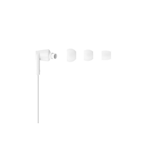 Gros plan d'un écouteur blanc et de trois embouts de rechange sur fond blanc.