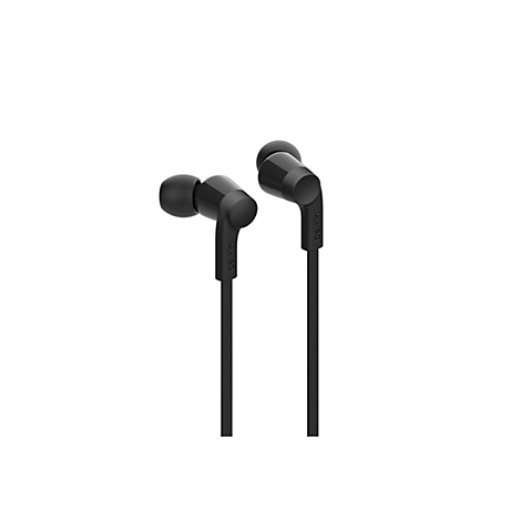 Deux écouteurs intra-auriculaires noirs avec câbles sur fond blanc. Le nom Belkin est imprimé sur les écouteurs.