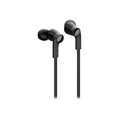 Deux Ã©couteurs intra-auriculaires noirs sur fond blanc.