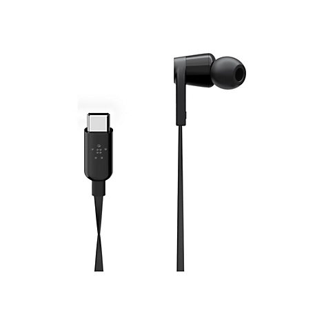 Ã‰couteurs intra-auriculaires noirs et connecteur USB-C sur fond blanc.