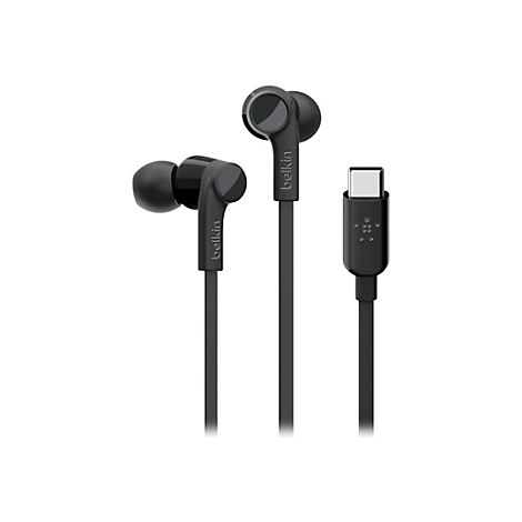 Ã‰couteurs intra-auriculaires noirs avec connecteur USB-C. Le cÃ¢ble et les Ã©couteurs portent le logo Belkin.