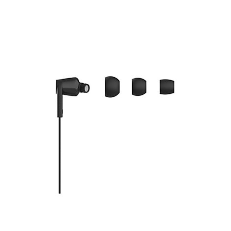 Écouteurs intra-auriculaires noirs avec embouts supplémentaires sur fond blanc.