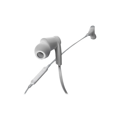 Hellgrauer Ohrhörer auf weißem Hintergrund, seitliche Ansicht.