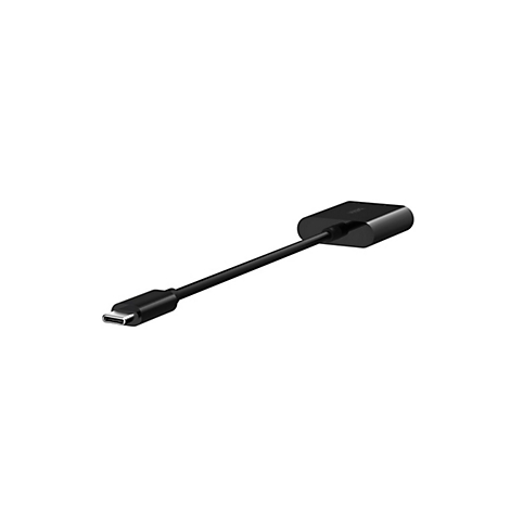 Schwarzer USB-C-Adapter auf weißem Hintergrund. Der Adapter hat eine rechteckige Form mit einem Kabel zu einem USB-C-Anschluss.