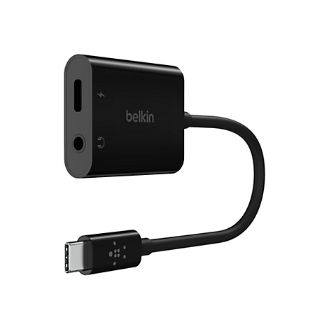 Schwarzer USB-C-Adapter mit Belkin-Logo, Kopfhöreranschluss und Ladeanschluss.
