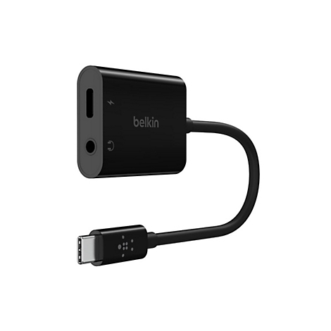 Schwarzer Belkin USB-C-Adapter mit Audioausgang und Lightning-Anschluss, Kabel nach unten.