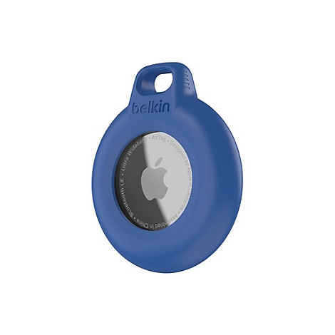 Blauer Belkin AirTag-Halter mit Apple-Logo. Mit Belkin-Logo, Ultra Wideband und Bluetooth LE-Aufdruck.
