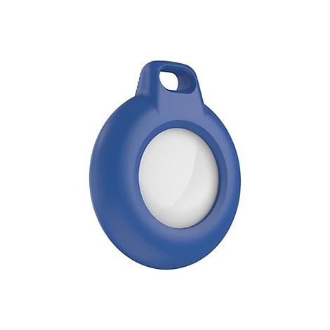 Blauer, ovaler AirTag-Schutz mit Loch zum Befestigen.