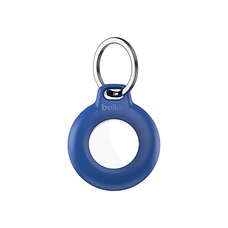Blaues Belkin AirTag-Gehäuse mit Schlüsselring.