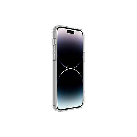 Ein iPhone in einer transparenten Schutzhülle, vor weißem Hintergrund.