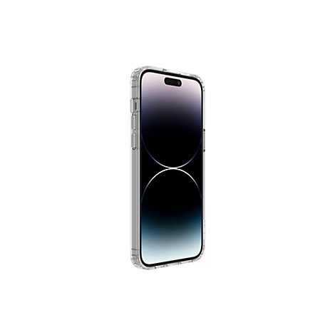 Ein iPhone in einer transparenten Schutzhülle, vor weißem Hintergrund.