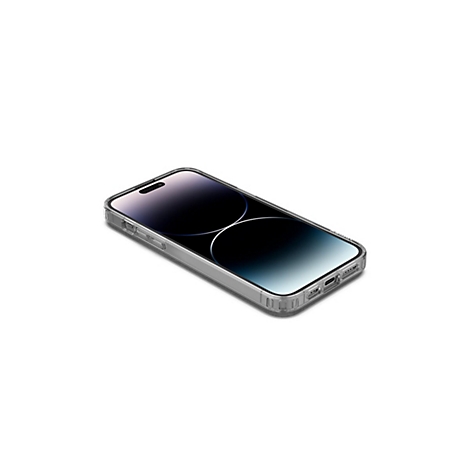 Ein Smartphone mit transparenter Schutzhülle auf weißem Hintergrund.