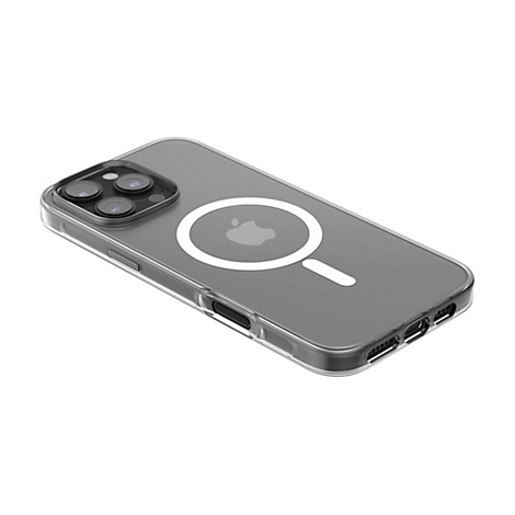 Durchsichtige Handyhülle für iPhone mit MagSafe-Funktion, Apple-Logo und Kameraöffnungen.