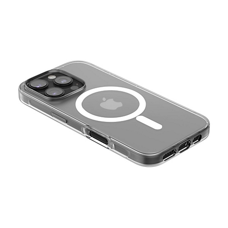 Durchsichtige iPhone-Hülle mit Apple-Logo und Magnetring. Die Hülle zeigt das Kameramodul.