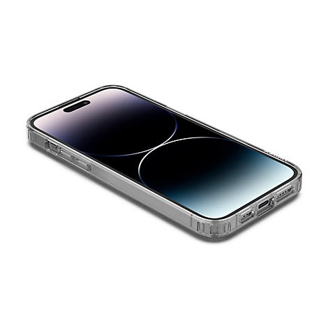 Ein iPhone in einer transparenten Schutzhülle, leicht diagonal vor weißem Hintergrund.