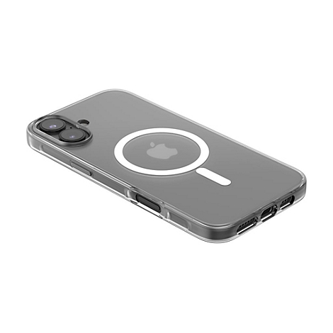 Durchsichtige Handyhülle mit Magnetring und Apple-Logo. Die Hülle umgibt das Handy, ein schwarzer Rand und eine Aussparung für die Kameralinsen.