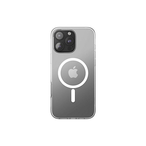 Durchsichtige Handyhülle mit MagSafe-Funktion, die auf weißem Hintergrund abgebildet ist. Auf der Hülle ist ein weißer Kreis mit einem Apple-Logo zu sehen.