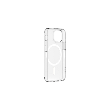 Coque de téléphone transparente avec MagSafe, sur fond blanc. La coque montre le design de l'iPhone.