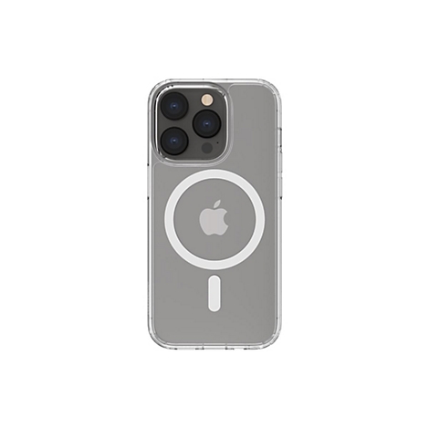 Une coque de téléphone transparente avec anneau magnétique et logo Apple sur fond blanc.