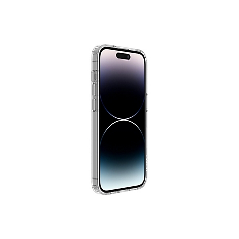 Un iPhone avec une coque de protection transparente, légèrement de côté sur fond blanc. L'écran est noir.