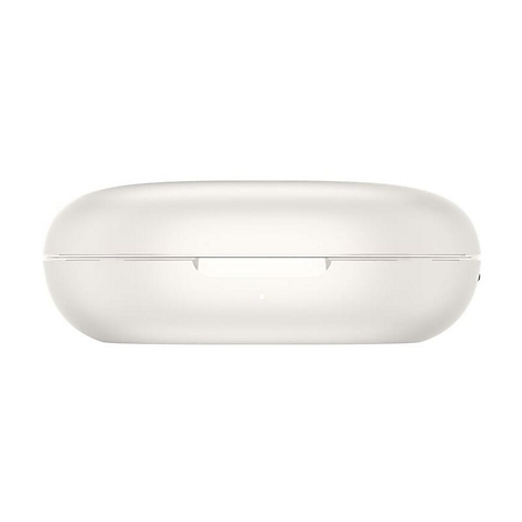 Étui de chargement blanc fermé pour écouteurs sans fil, forme ovale avec des détails fins.