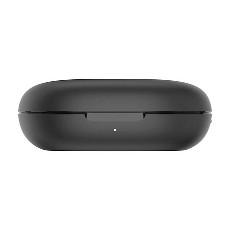 Boîtier de chargement noir fermé pour écouteurs sans fil. Forme ovale, petit point lumineux.
