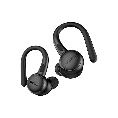 Écouteurs sans fil noirs de la marque Belkin avec crochets d'oreille sur fond blanc.