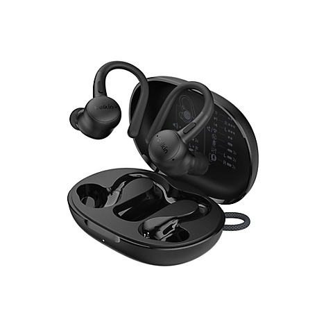 Écouteurs et étui de chargement Belkin noirs, partiellement ouverts.