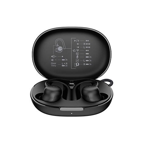 Écouteurs noirs dans un étui de chargement ouvert. Des pictogrammes et des étiquettes sont sur le couvercle. Les écouteurs ont un support qui s'insère dans l'oreille.