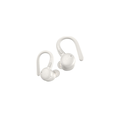 Zwei weiße Ohrhörer mit Ohrbügeln liegen vor weißem Hintergrund. Der Schriftzug 'Belkin' ist auf den Ohrhörern zu sehen.