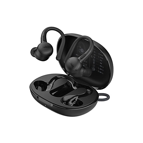 Schwarze Belkin Ohrhörer in einer Ladeschale, Ohrhörer mit Bügel.