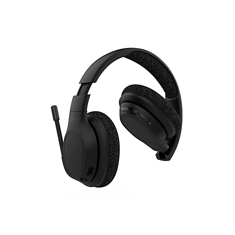Casque noir avec microphone, gros plan, sur fond blanc.