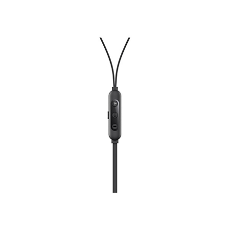 Gros plan d'une télécommande de casque noire avec trois boutons et des câbles sur fond blanc.