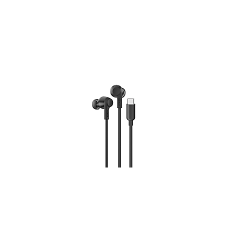 Gros plan sur des écouteurs noirs avec connecteur USB-C sur fond blanc.