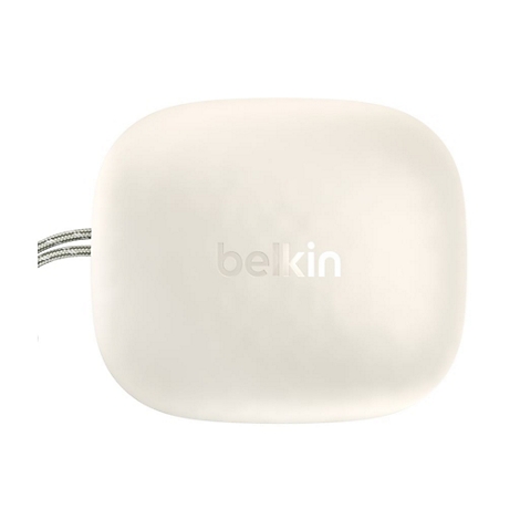 Adaptateur Belkin ovale beige. Bande tressée attachée. Logo Belkin centré.