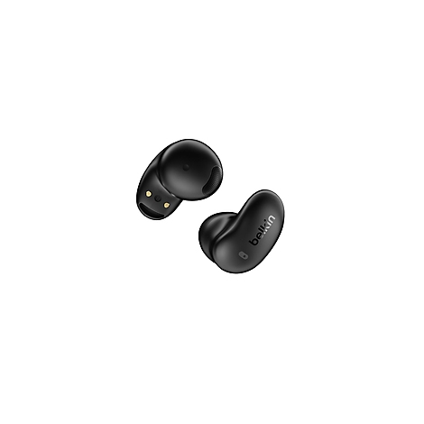 Gros plan de deux écouteurs Belkin noirs. L'un est légèrement tourné.