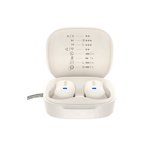 Beige kabellose Belkin Kopfhörer in offener Ladebox. In der Box sind Symbole und Schriftzüge dargestellt, die Bedienelemente der Kopfhörer zeigen.