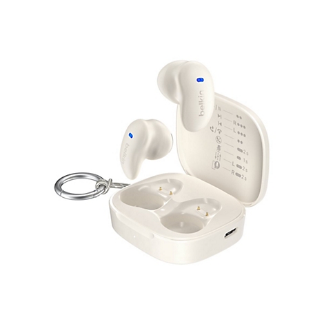 Hellbeige kabellose Kopfhörer mit Ladeschale und Ring, Belkin-Logo. Details zu Funktionen sind auf der Schale abgebildet.