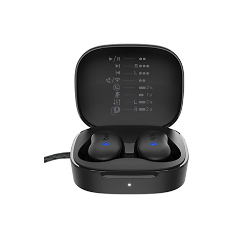 Schwarzes Ladecase mit geöffneter Abdeckung, darin zwei kabellose Ohrhörer. Auf der Innenseite Symbole und Anzeigen.