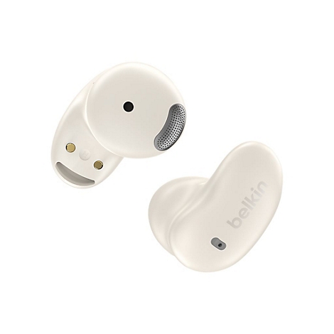 Zwei cremefarbene kabellose Ohrhörer. Der eine hat ein graues Gitter, der andere den Schriftzug Belkin.