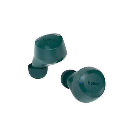 Zwei grüne Belkin True Wireless-Ohrhörer vor weißem Hintergrund. Einer hat die Bezeichnung Belkin.