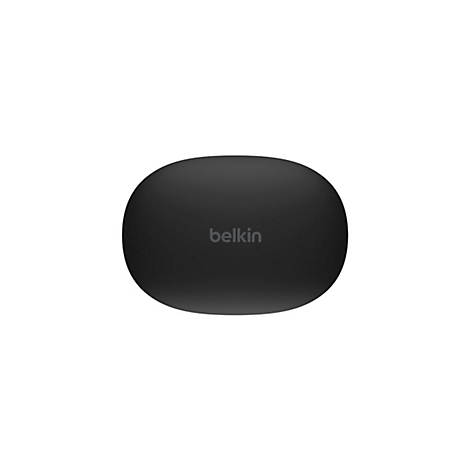 Étui de chargement noir et ovale pour écouteurs, avec le logo Belkin.
