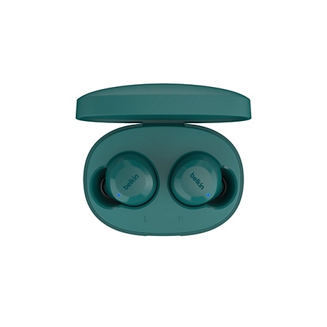 Türkisgrüne Belkin-Kopfhörer in einer Ladebox mit geöffnetem Deckel.