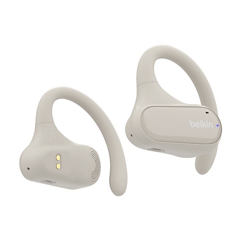 Écouteurs de sport sans fil beiges avec le logo Belkin et des crochets d'oreille.