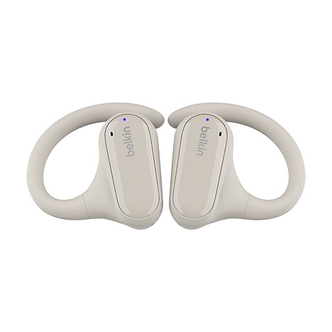 Deux écouteurs Belkin de couleur crème avec des crochets, un point bleu et le mot 'belkin'.