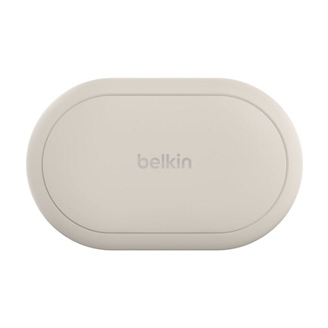 Station de recharge ovale beige avec le logo Belkin.