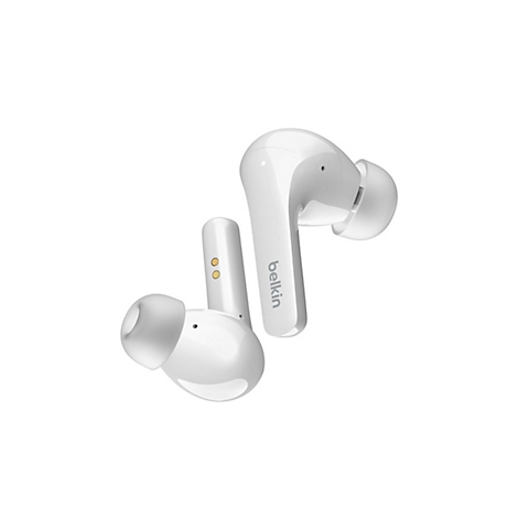 Deux écouteurs sans fil blancs avec le logo Belkin sur fond clair.