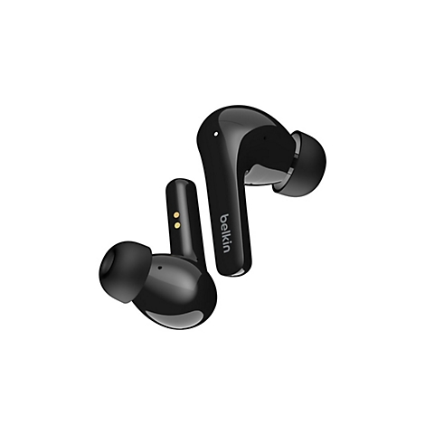 Deux écouteurs sans fil noirs Belkin sur fond blanc. Le logo Belkin est visible sur l'un d'eux.